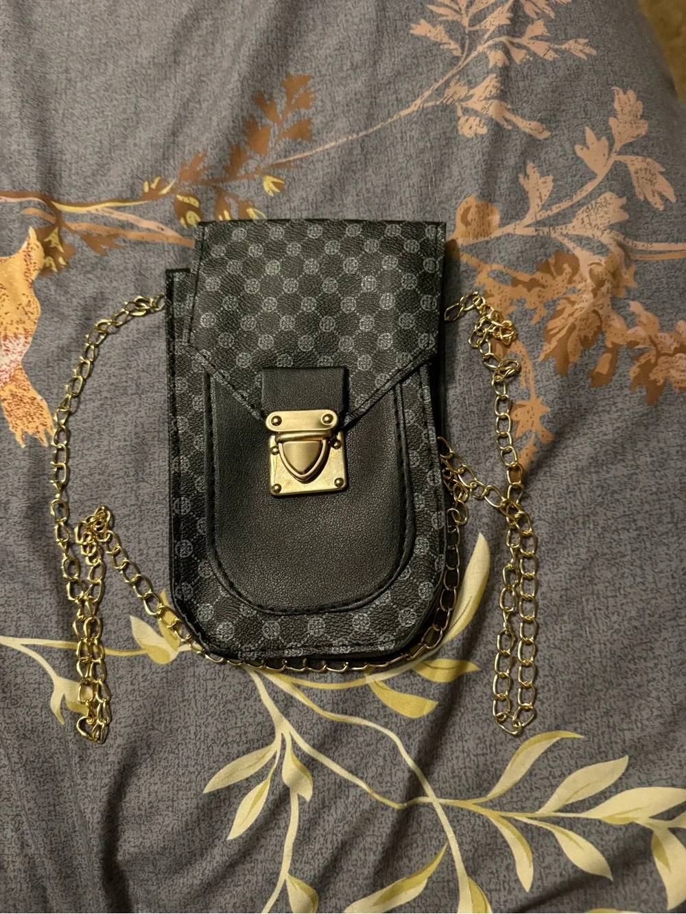 Black Patterned Phone Crossbody with Gold Chain